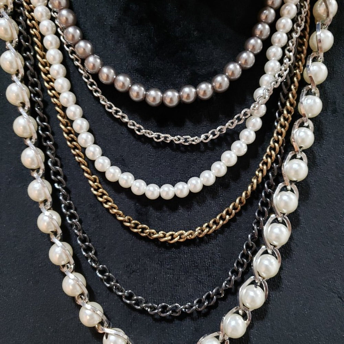 Women Fashion Faux Pearls Multi Strand Chain Statement Necklace Lobster Clasp