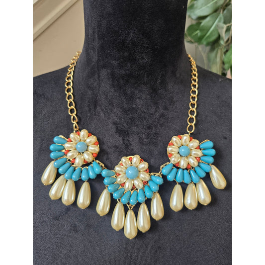 Turquoise Ivory Floral Bib Statement Necklace