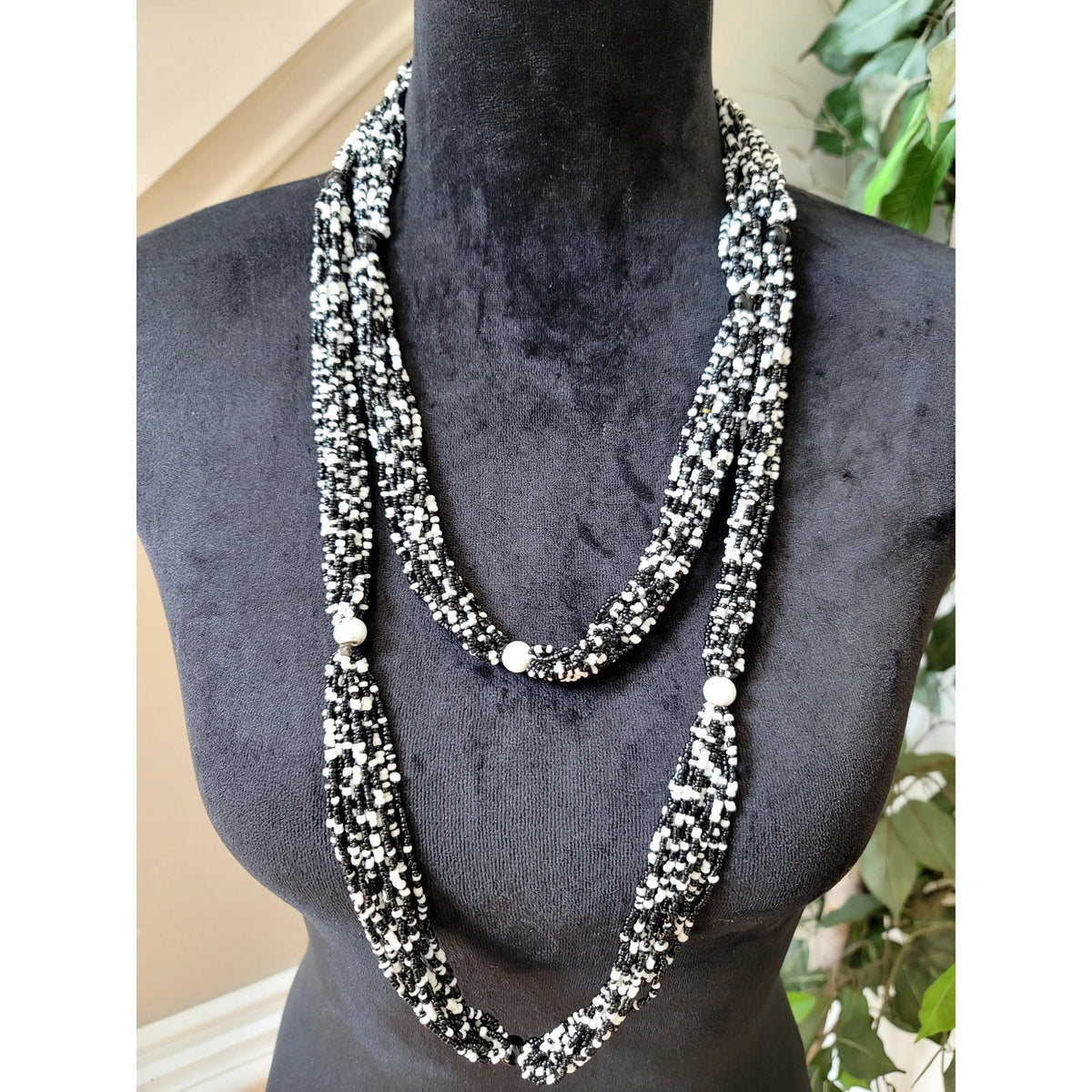 Black & White Seed Bead Multi-Strand Long Necklace Layered Statement Jewelry