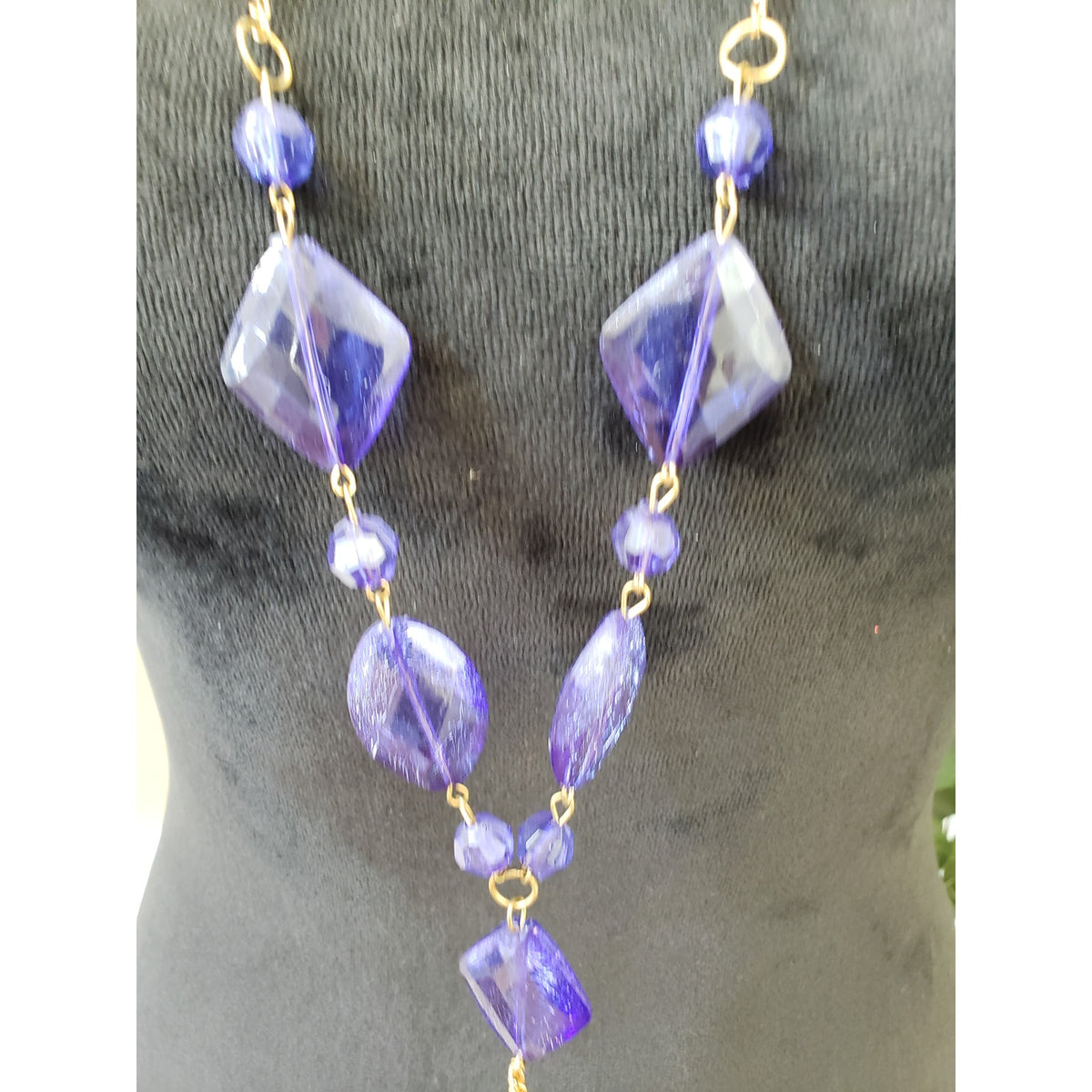 Women Fashion Gold Tone Blue Octagon Acrylic Beads Lariat Necklace with Lobster