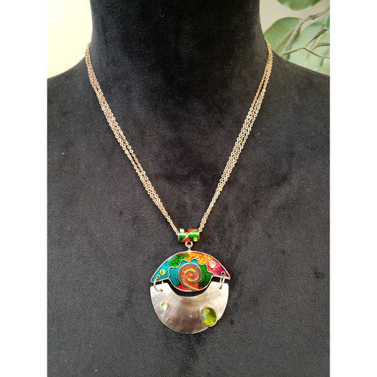 Women Multicolor Enamel Mother of Pearl Pendant Necklace Gold Chain Boho Style