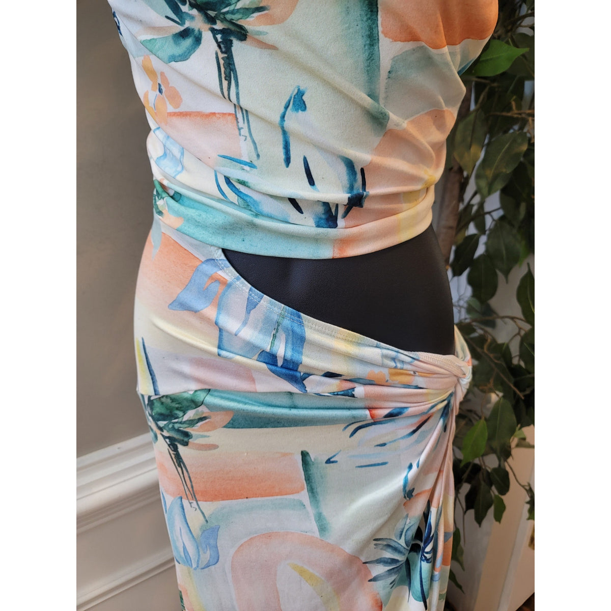 ASOS Midi Dress Women's 12 Multi Stretch Tropical Palm Tree Knot Front Ruched