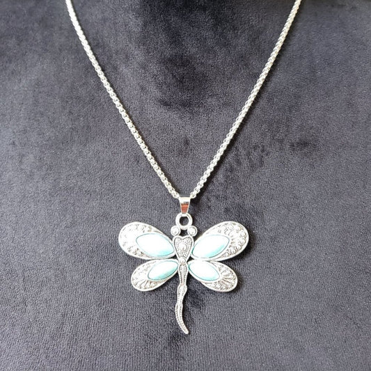 Womens Green Silver Tone Turquoise Dragonfly Pendant Necklace with Lobster Clasp