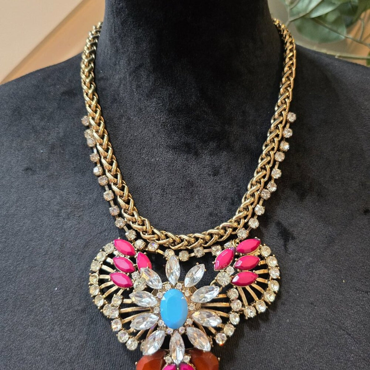 Womens Multi Crystal & Rhinestones Gold Tone Bib Statement Necklace with Lobster
