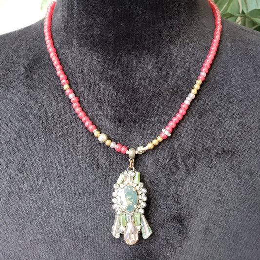 Womens Red Pearl and Jade Beaded Chain Pendant Necklace with Lobster Clasp