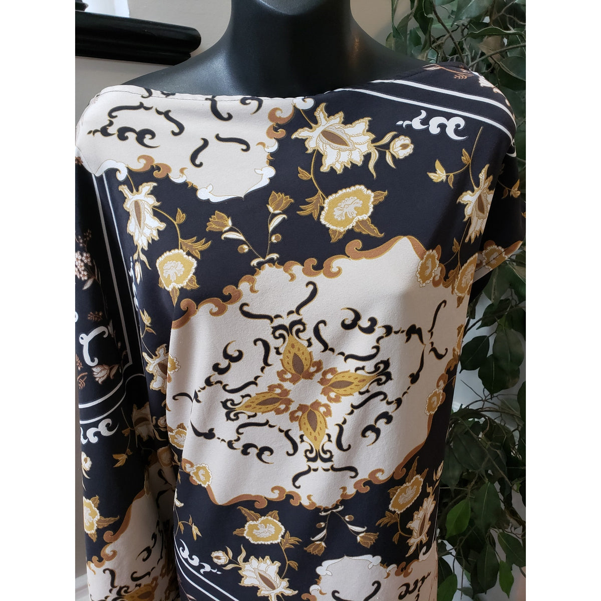 Moosta Midi Dress Women Size 2X Black Beige Baroque Print Long Sleeve Boho