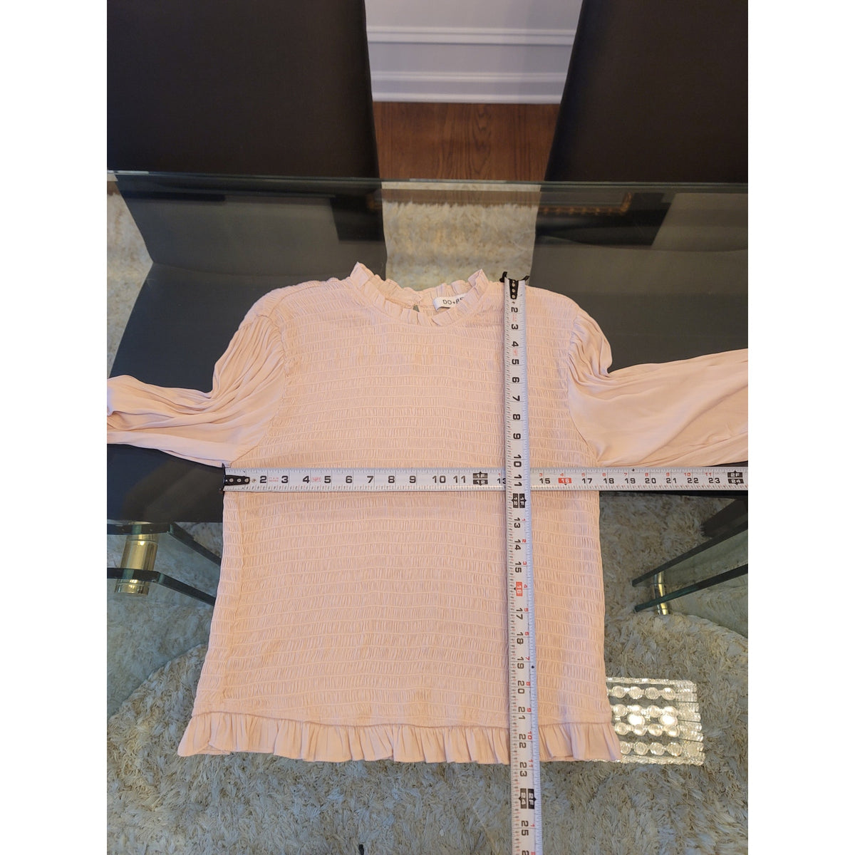 Do + Be Blouse XL Blush Pink Smocked Bodice Ruffle Neck Puff Sleeve Pullover
