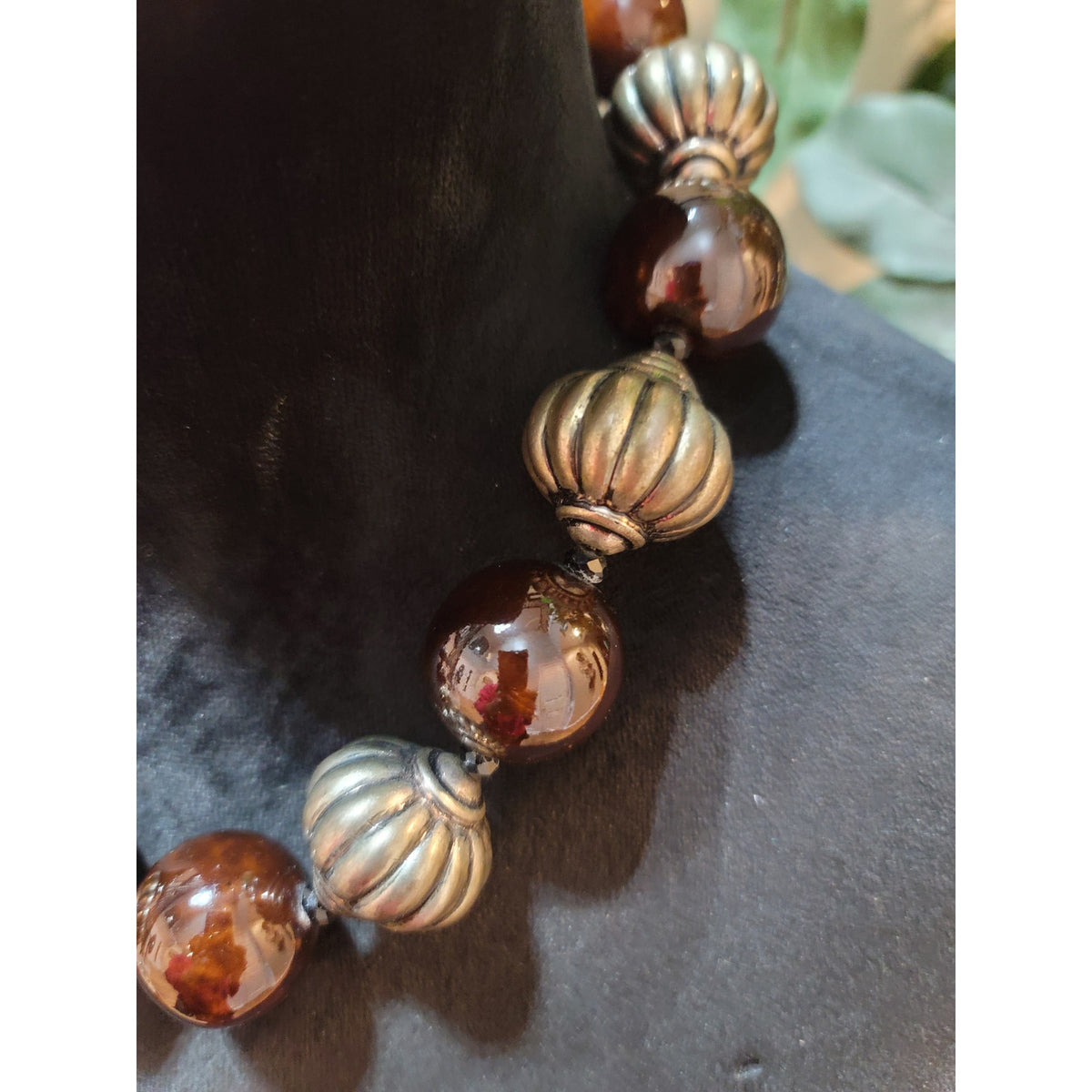 Women's Chunky Brown Beaded Necklace With Antique Silver Accents And Chain Lock