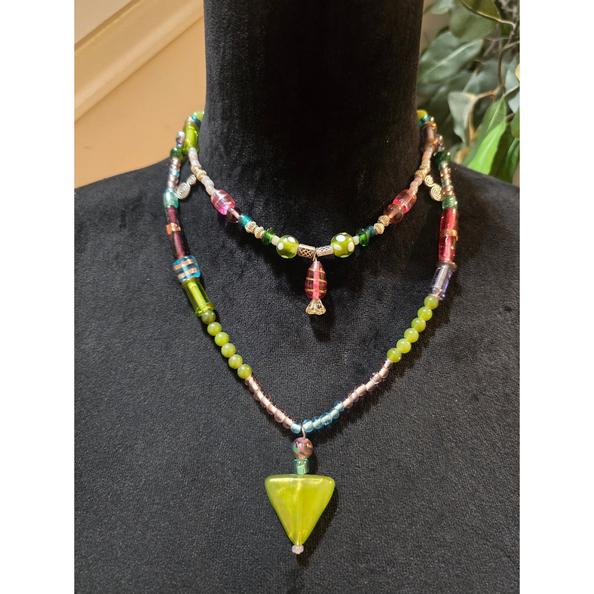 Women Colorful Glass Beaded Necklace Double Strand Green Pendant Handmade Boho