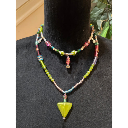 Women Colorful Glass Beaded Necklace Double Strand Green Pendant Handmade Boho