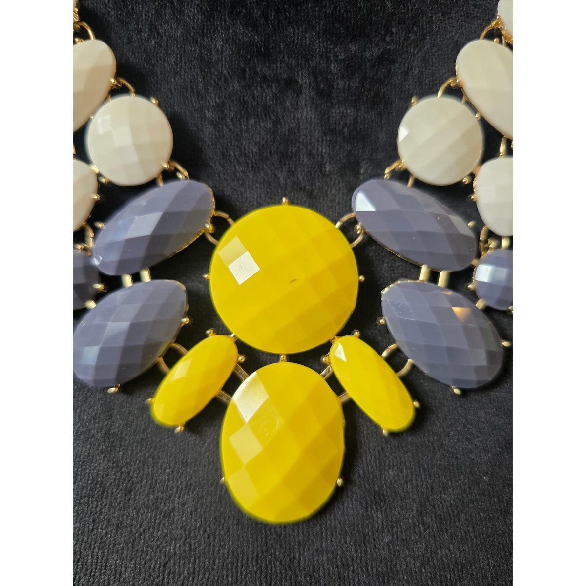 Bright Yellow Gray White Faceted Geometric Beaded Gold Tone Bib Necklace