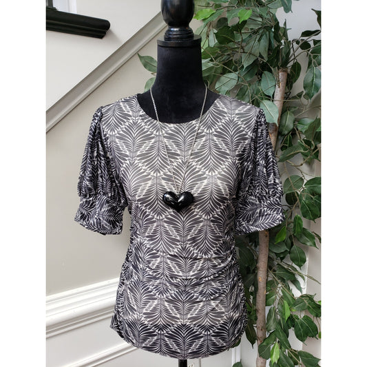 Cable & Gauge Blouse Top Women S Black Leaf Print Sheer Short Puff Sleeve Ruched