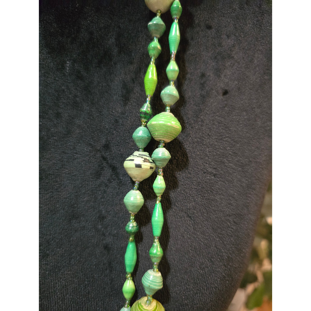 Women's Green Beaded Double Strand Necklace Paper Bead Long Boho Statement