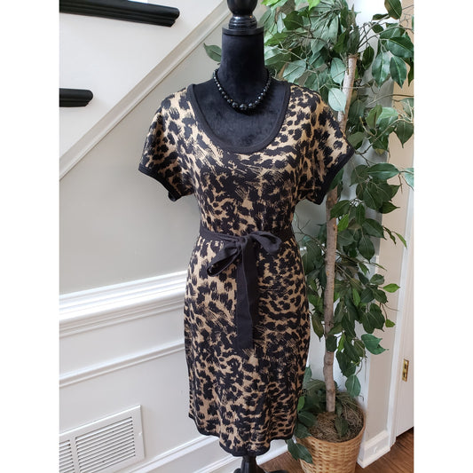 Calvin Klein Sweater Dress Womens Medium Black Animal Print Dolman Sleeve Belted