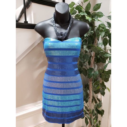 As U Wish Women Blue Sequin Strapless Sleeveless Bodycon Mini Dress Small