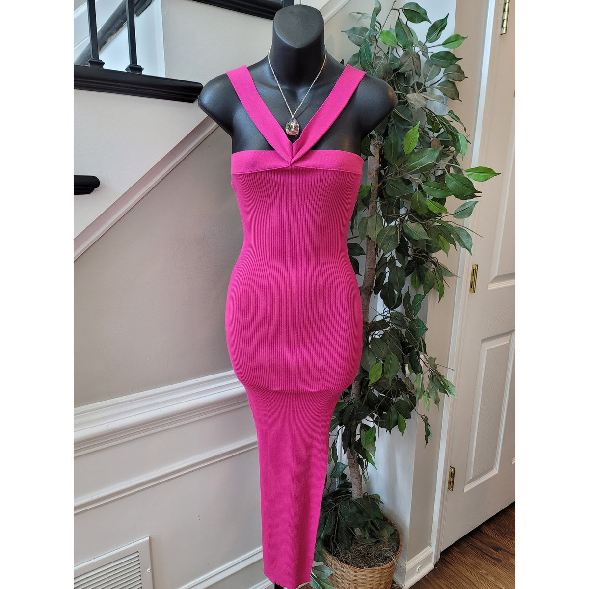 Boohoo Maxi Dress Women's Medium Hot Pink Ribbed Knit Two Tone Off The Shoulder