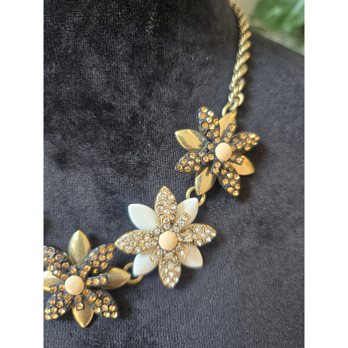Gold Tone Ivory Floral Rhinestone Statement Necklace