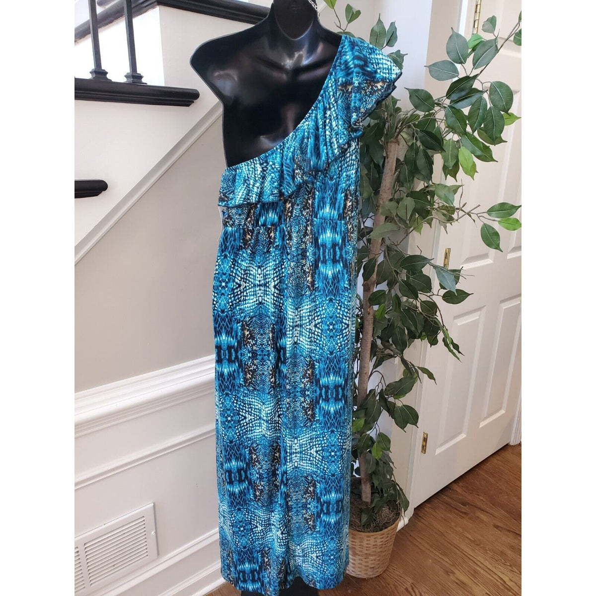 Mix & Co. Women's Blue Polyester One Shoulder Off Sleeveless Long Maxi Dress L
