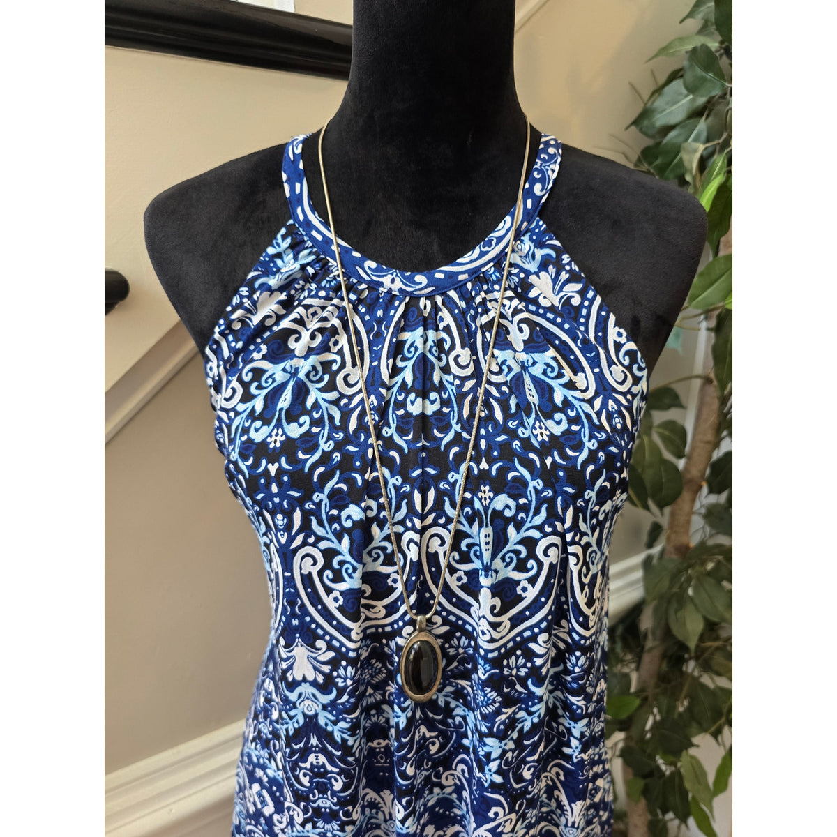 Jones New York A-Line Dress Women's Medium Blue Damask Halter Neck Shelf Bra