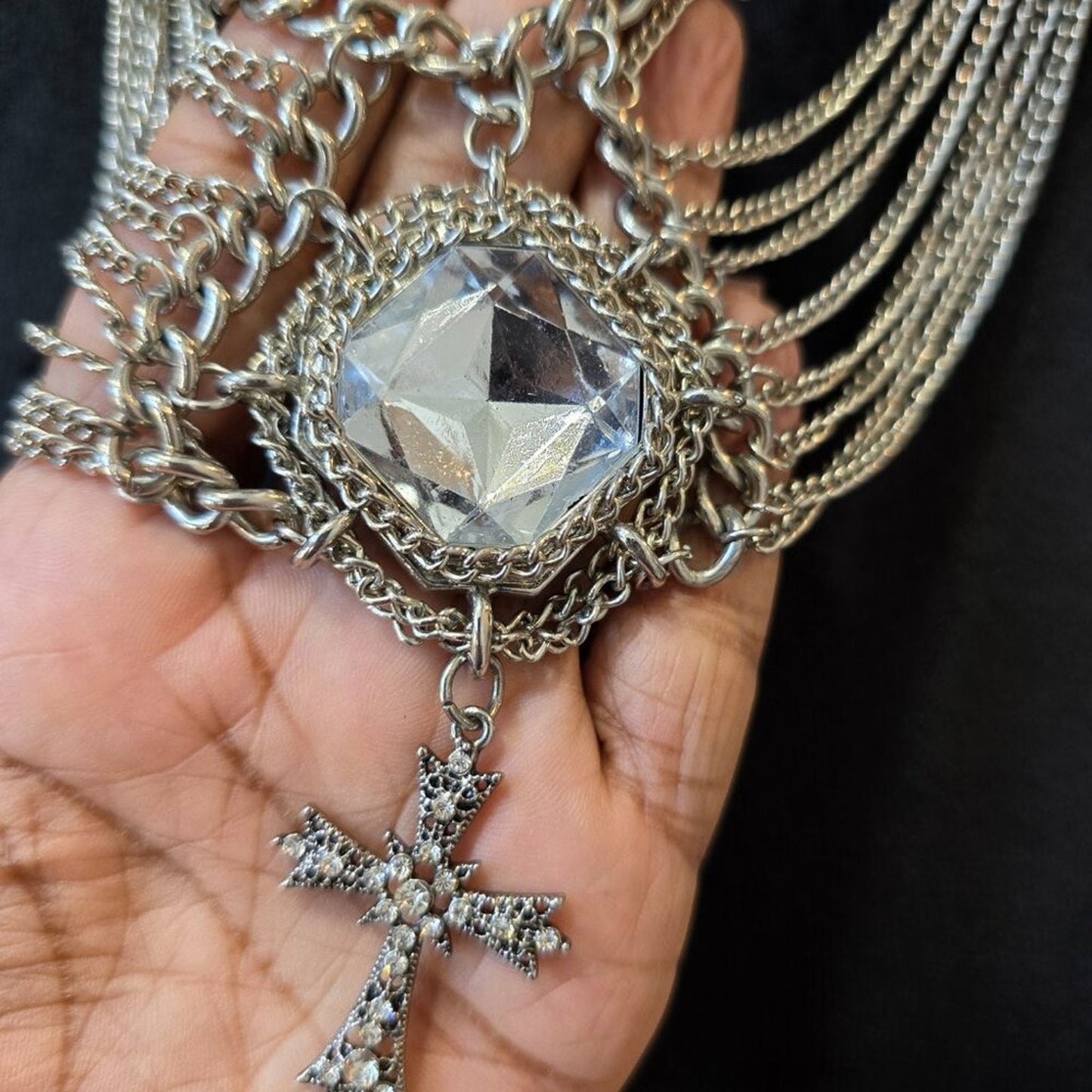 Womens Clear Crystal Silver Tone Chain Cross Pendant Necklace with Lobster Clasp