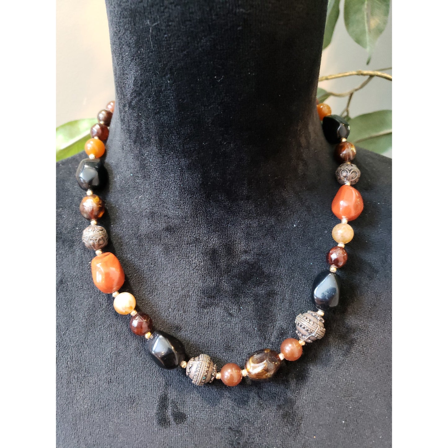 Womens Fashion Tribal Chunky Carnelian Coral Verde Marble Ornate Beads Necklace