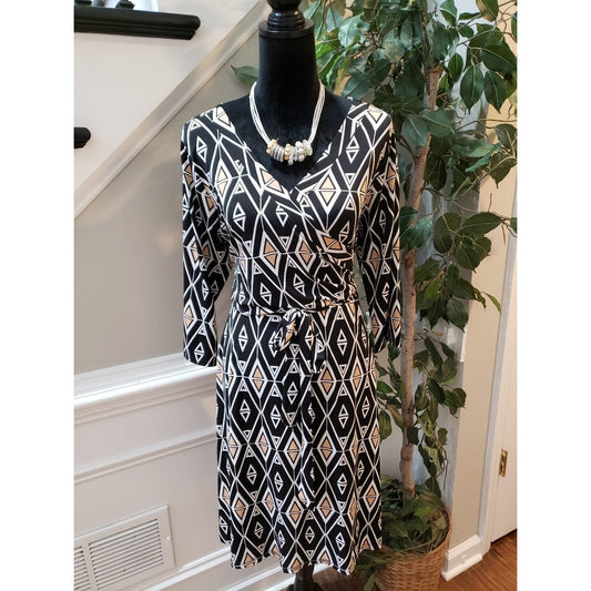 East Adeline Womens Black White Polyester V-Neck 3/4 Sleeve Knee Length Dress 1X