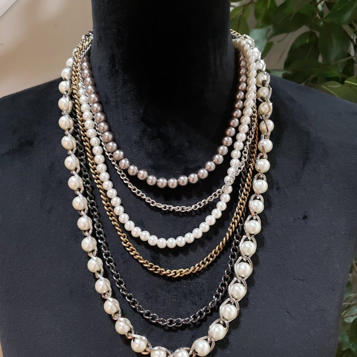 Women Fashion Faux Pearls Multi Strand Chain Statement Necklace Lobster Clasp