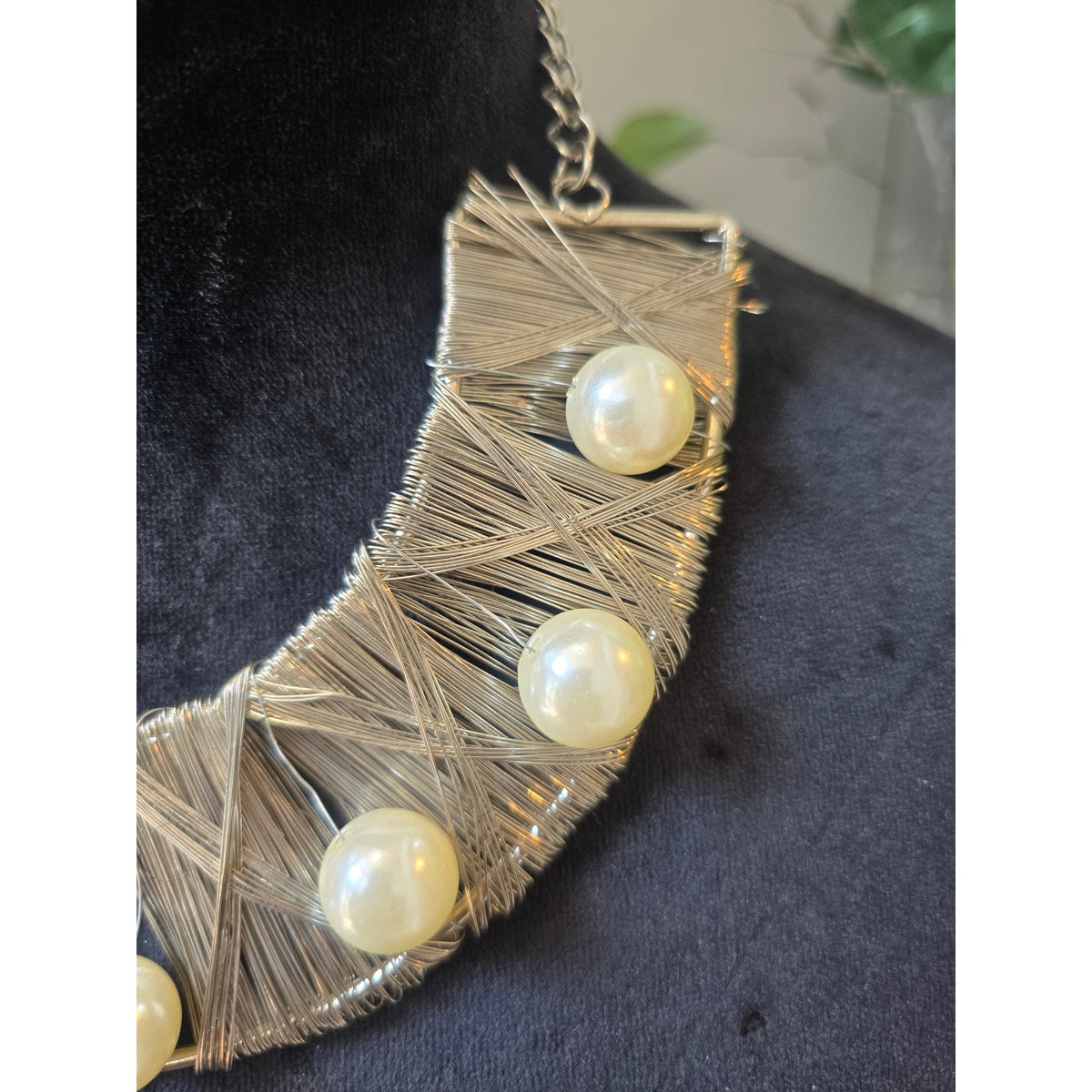 Silver Tone Woven Fan Bib Necklace with Faux Pearl Accents