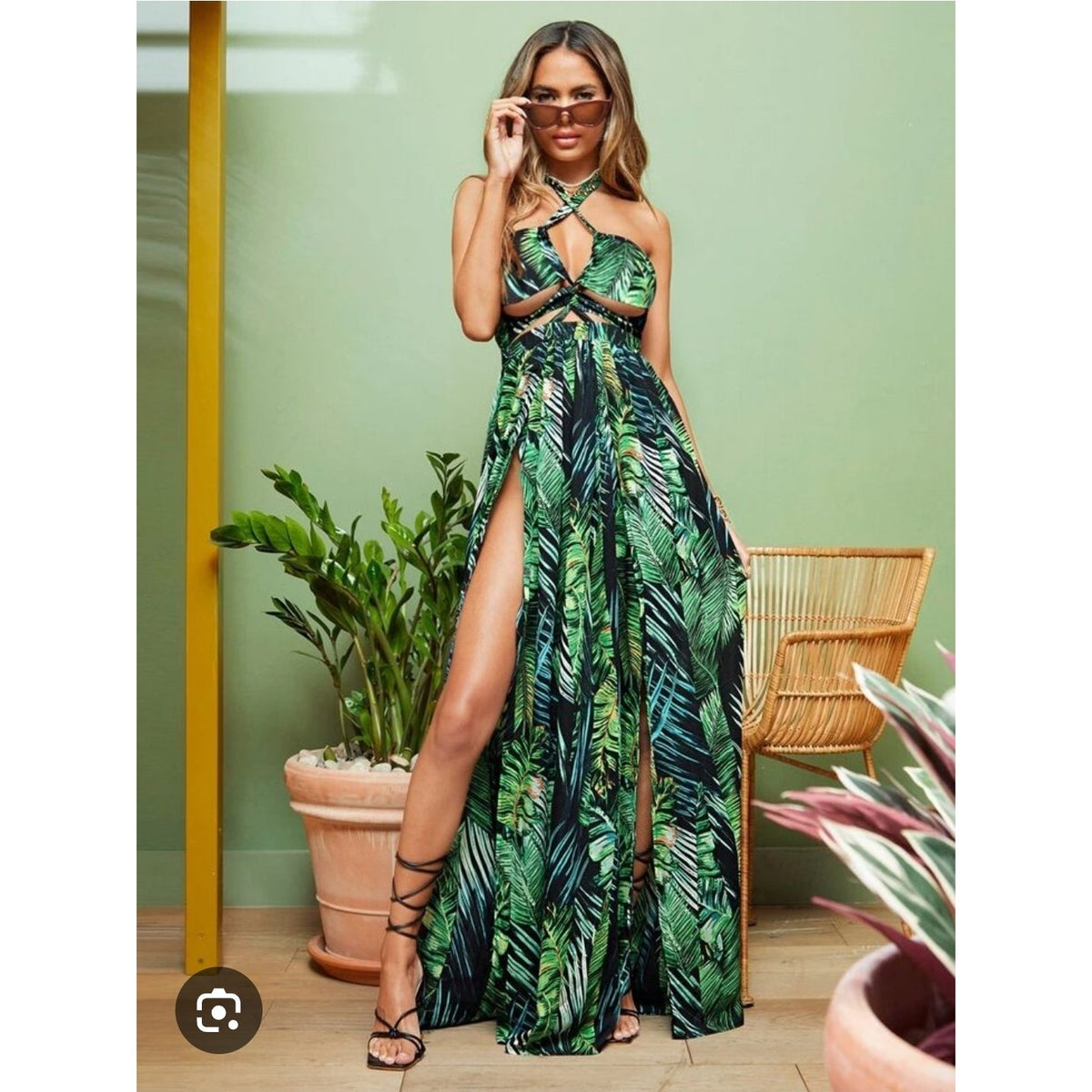 Shein Maxi Dress Women Small Green Black Tropical Halter Boho Summer Beachwear
