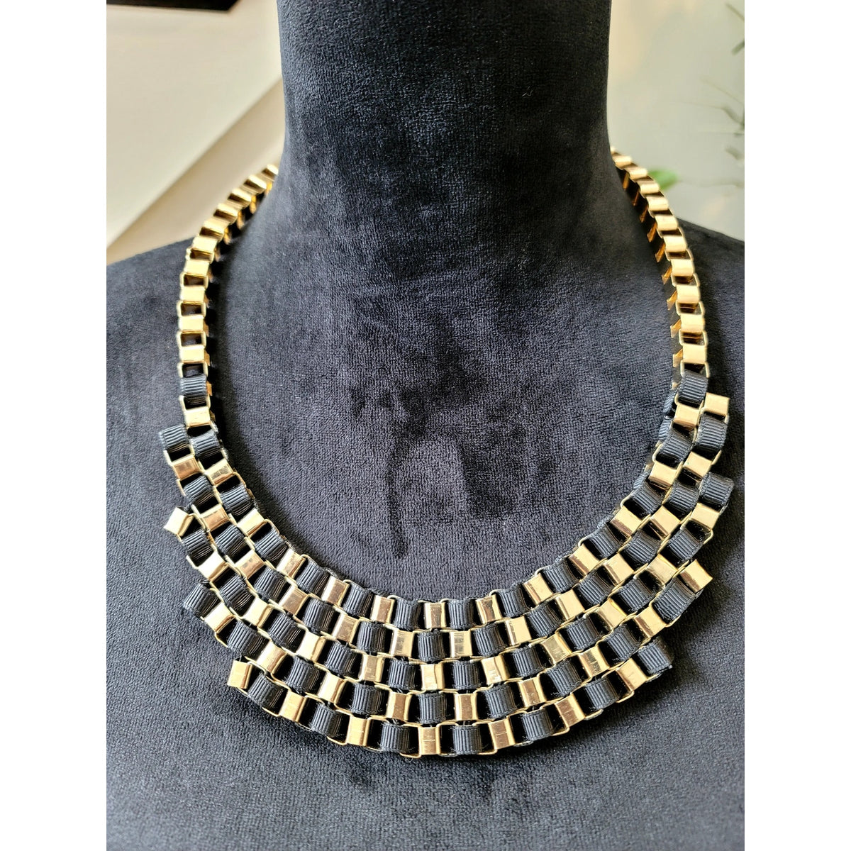 Vintage Black & Gold Geometric Link Collar Necklace Statement Bib Runway Chic