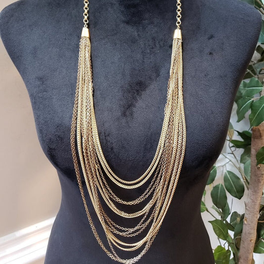 Women's Gold Tone Multi Strand Sweater Chains Bib Necklace Jewelry with Lobster