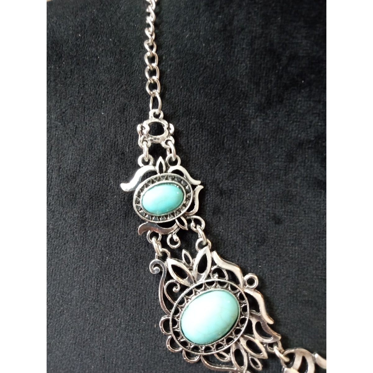 Vintage Silver Tone Filigree Turquoise Cabochon Statement Bib Necklace