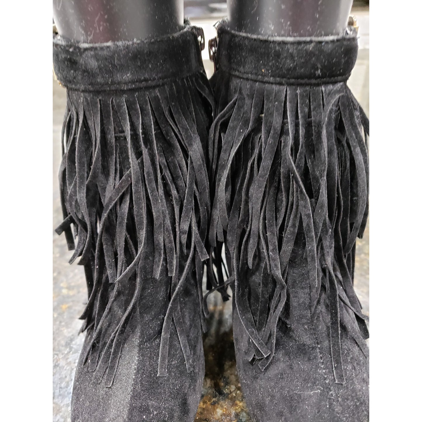 Forever Fringe Booties Women's 7.5 Black Suede Round Toe Stiletto Heel Side Zip