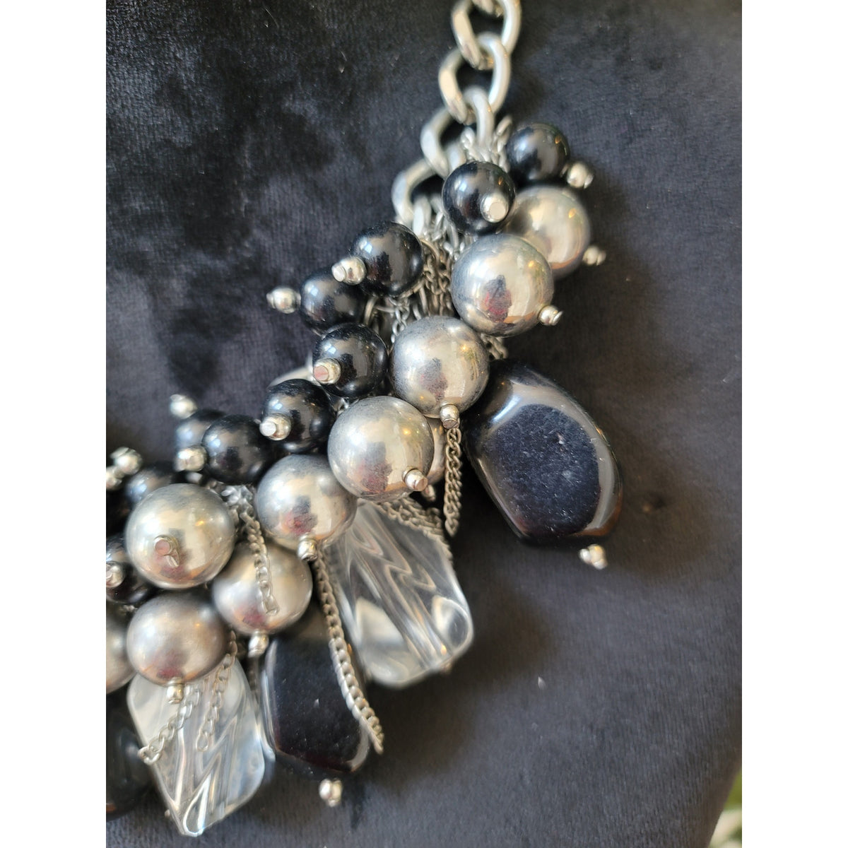 Women's Chunky Silver Black Beaded Statement Necklace with Lobster Clasp Chain