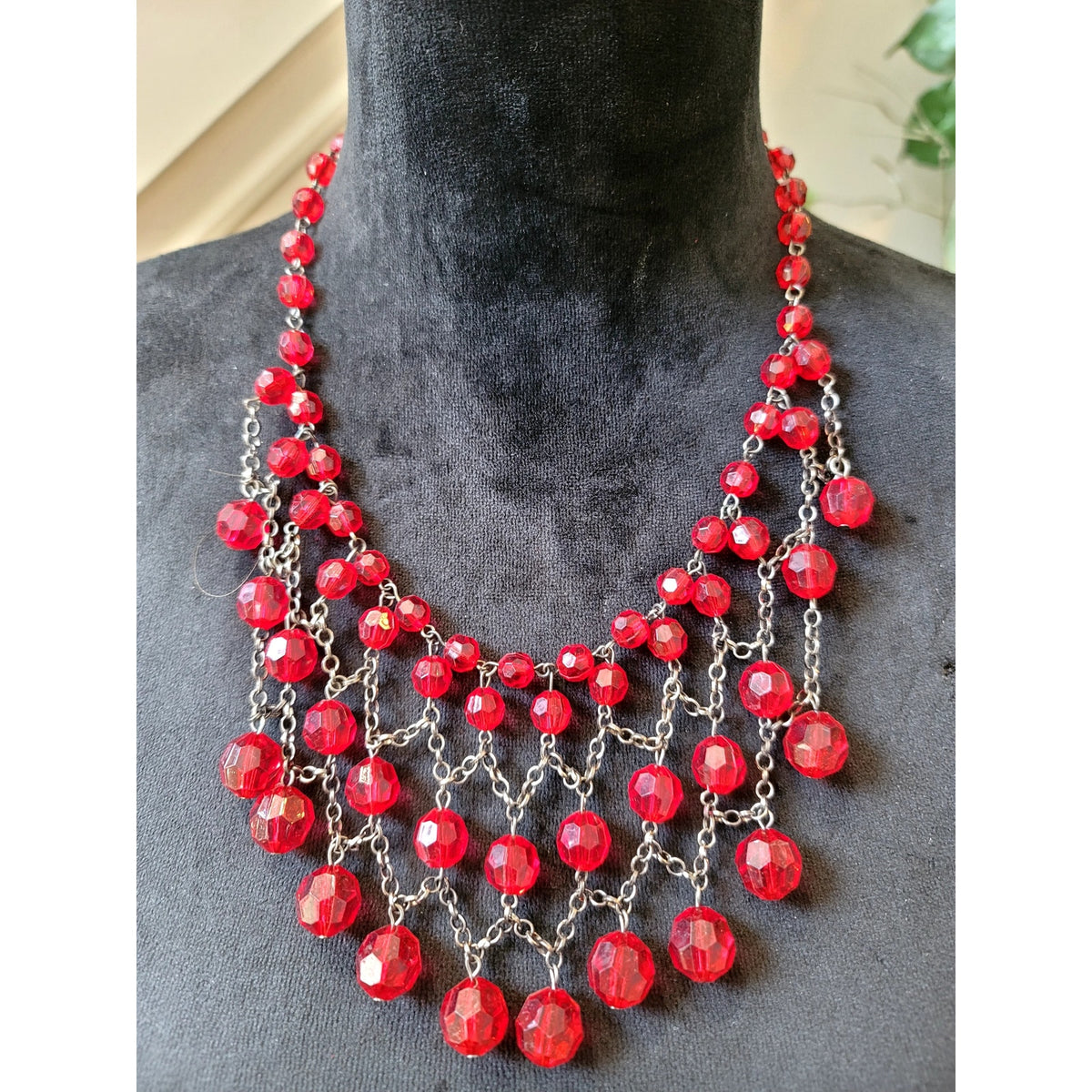 Red Faceted Bead Statement Bib Necklace Silver Tone Layered Cascade Fringe Bold