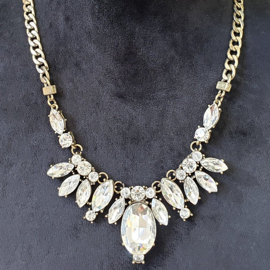 Women Brass Tone Multi Shape Clear Crystal Faceted Bling Necklace w/ Spring Ring