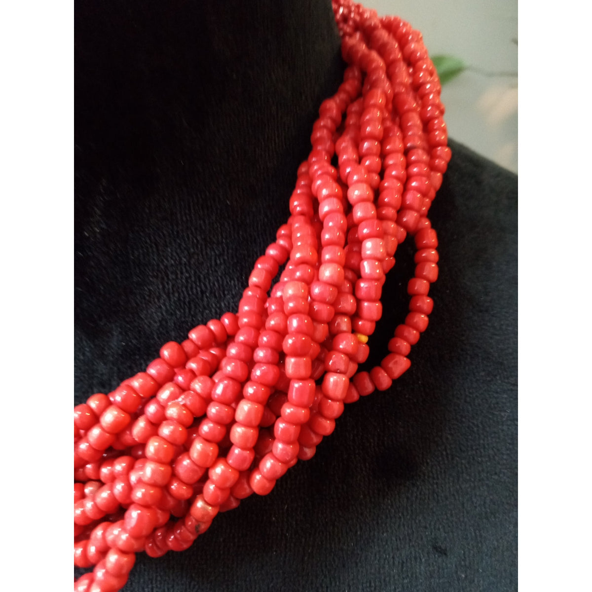 Vintage Red Multi Strand Seed Bead Torsade Statement Necklace Twisted Bib Collar