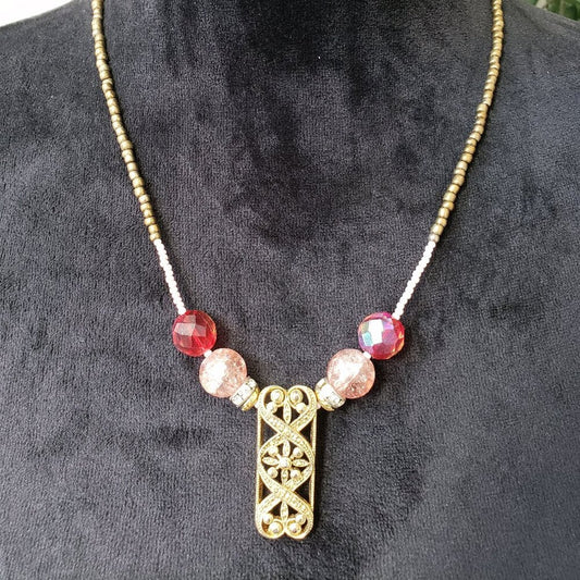 Womens Fashion Red Pink Crystal Gold Tone Pendant Necklace with Lobster Clasp