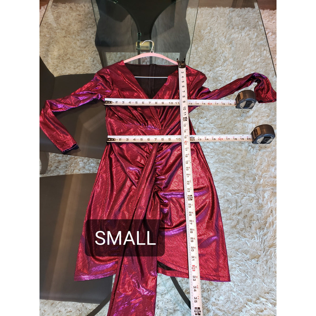 Women's Wrap Dress Small Purple Metallic Tight Waist Ruched Back Zip Deep V Neck
