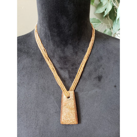 Women's Goldstone Pendant Beaded Necklace Multi Strand Statement Jewelry