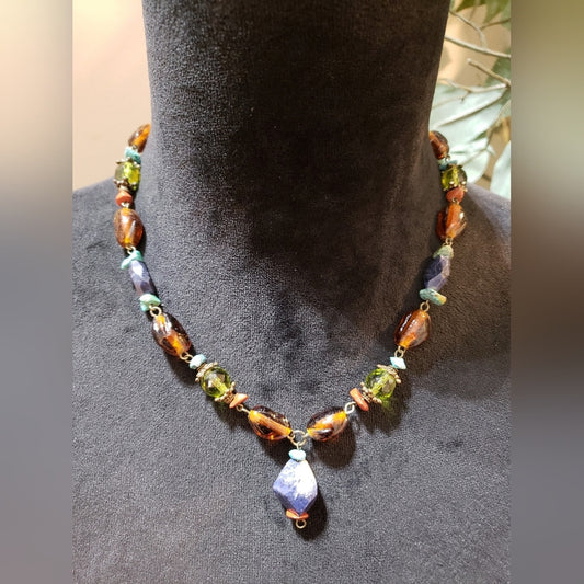 Womens Fashion Brass Tone Multi Color Art Glass Beaded Necklace w/ Lobster Clasp