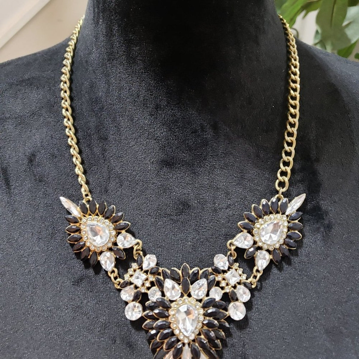 Womens Fashion Black & Clear Gold Tone Statement Bib Necklace with Lobster Clasp