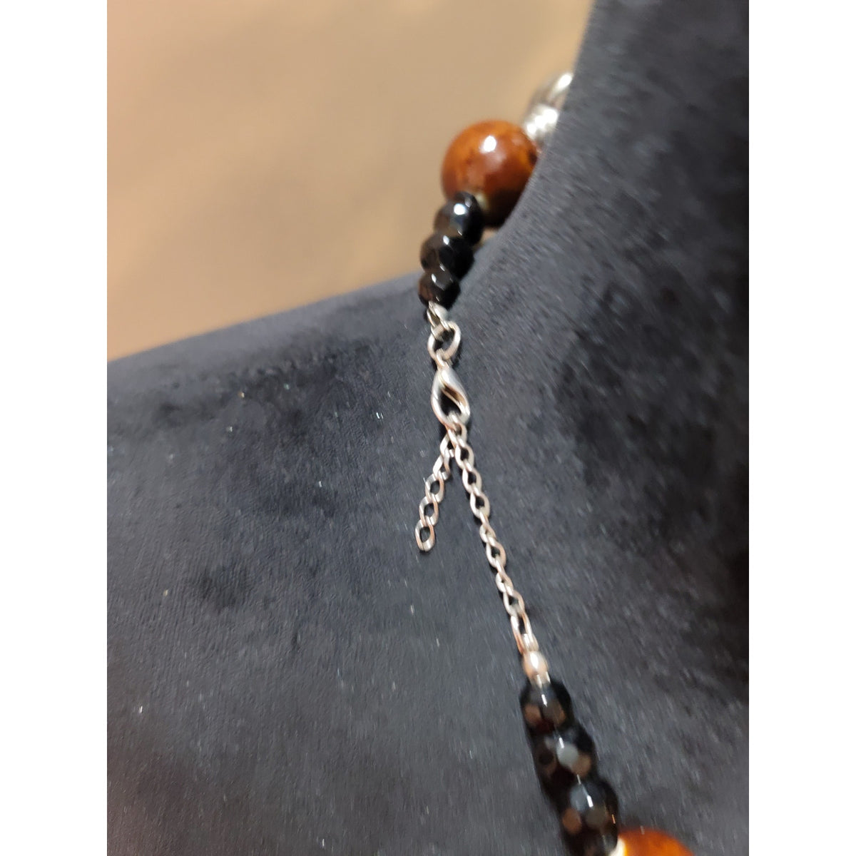 Women's Chunky Brown Beaded Necklace With Antique Silver Accents And Chain Lock