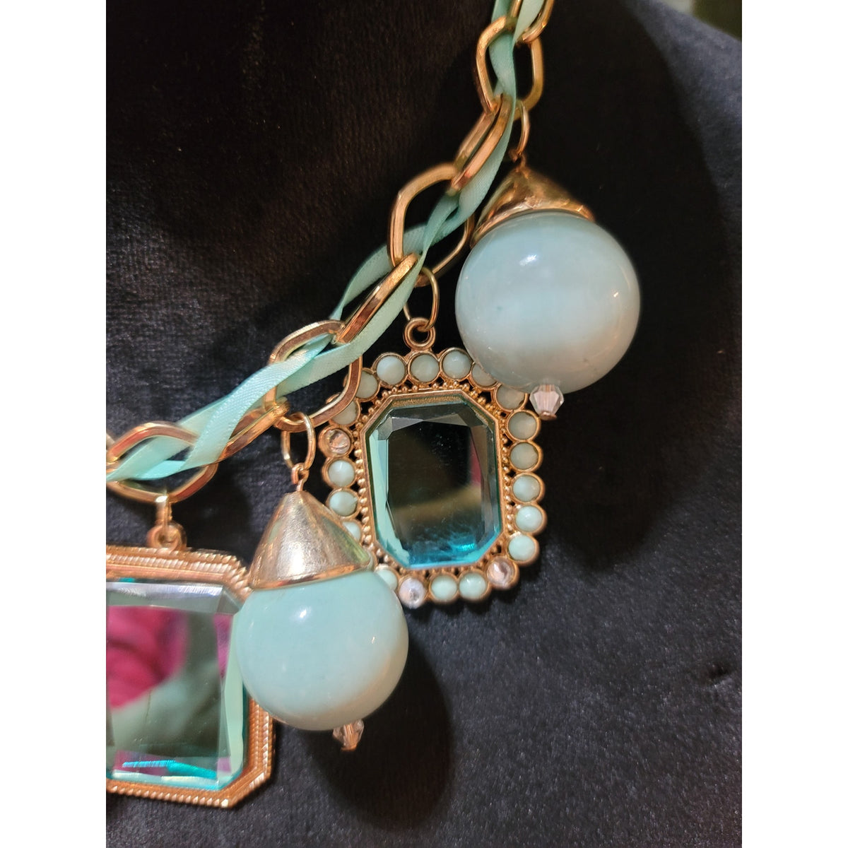 Women's Statement Chunky Bib Necklace With Blue Beads And Rectangular Gemstones