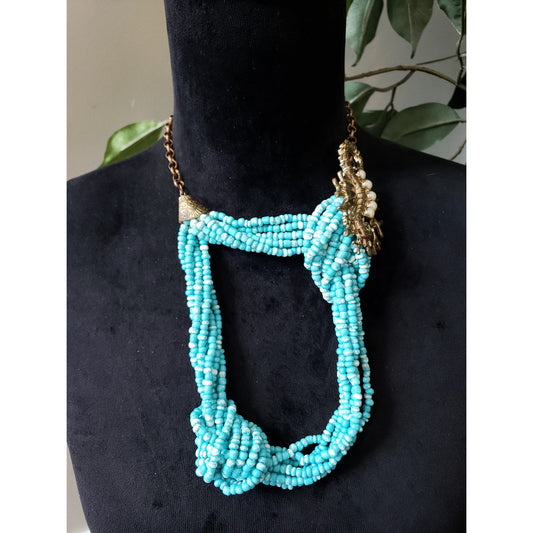 Womens Layered Turquoise Seed Beads Knotted Brooch Charm Bib Necklace Jewelry