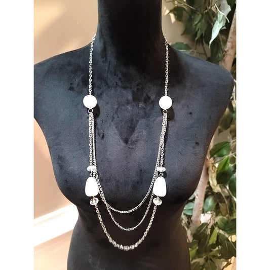 Women's Long Layered Necklace Silver Chain Clear Beads Lobster Clasp Jewelry
