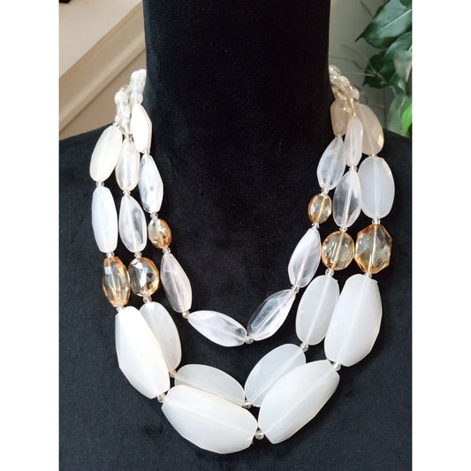 White Lucite Beaded Multi Strand Necklace Clear Faceted Acrylic Statement