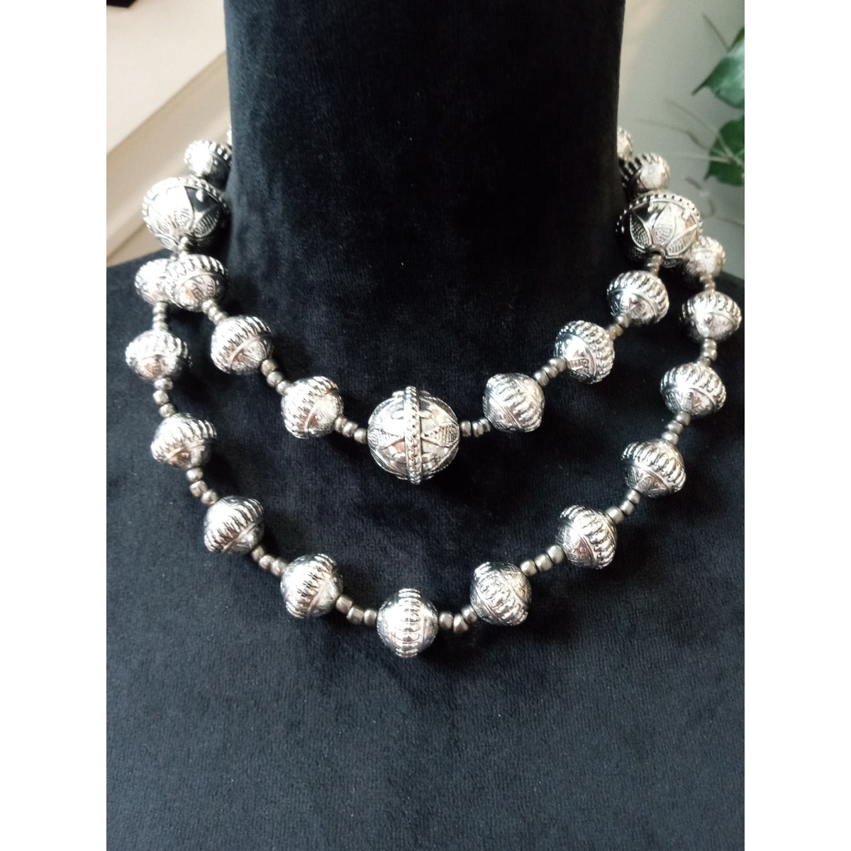 Vintage Silver Tone Ribbed Bead Double Strand Statement Necklaces- Set of Two
