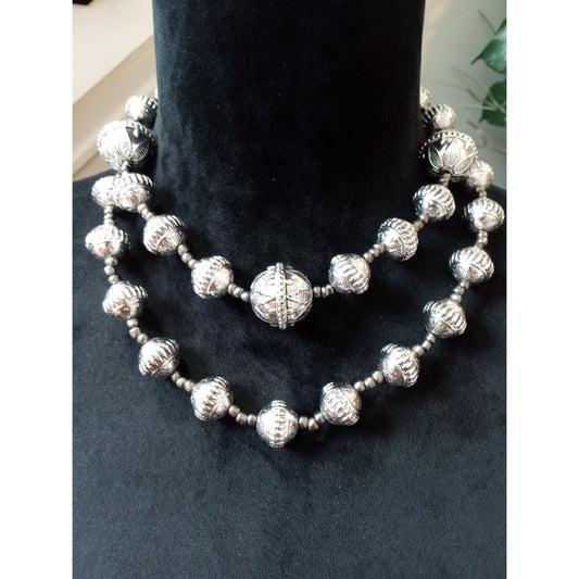 Vintage Silver Tone Ribbed Bead Double Strand Statement Necklaces- Set of Two