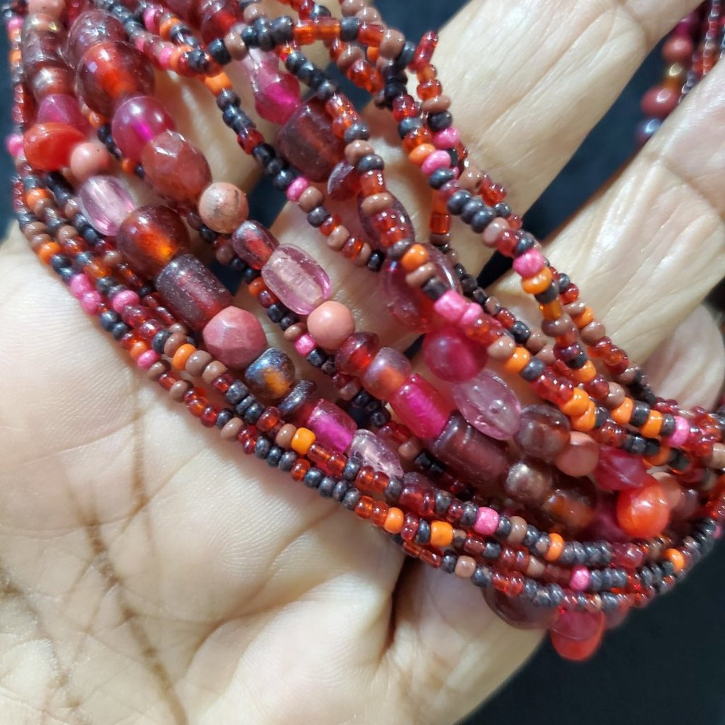 Womens Fashion Red Tibetan Glass Bead Multi-Strand Collar Necklace Lobster Clasp